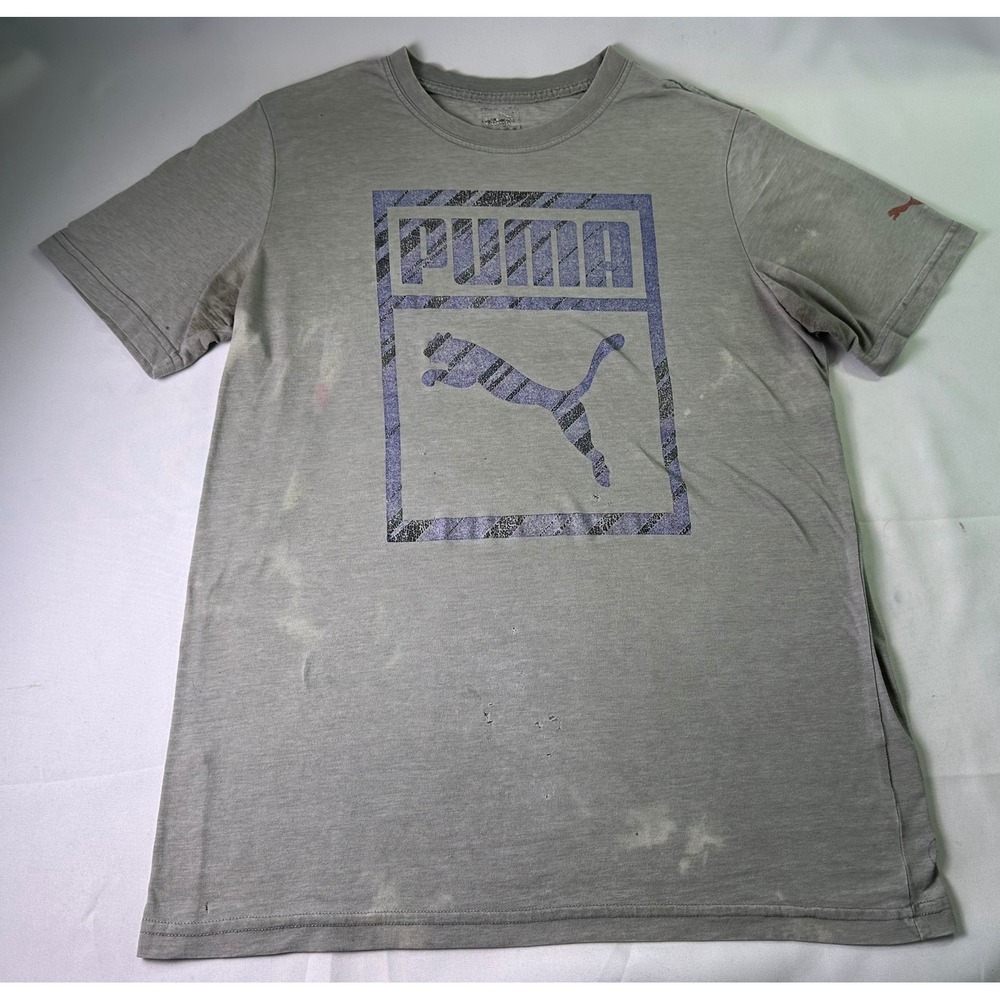 uma Mens T-Shirt Size Large Gray Grunge Distressed Bleach Stains Blue Logo Tee